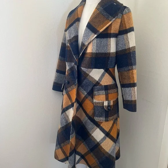 Vintage Jill Jr. Rust Orange and Navy Plaid Wool Coat as is - Picture 10 of 12